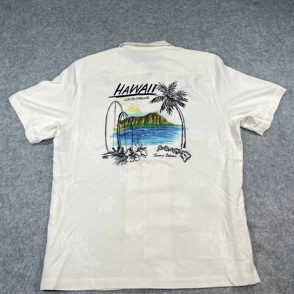 Tommy Bahama Mens Hawaiian Shirt Large Hawaii Graphic Silk Blend Cream